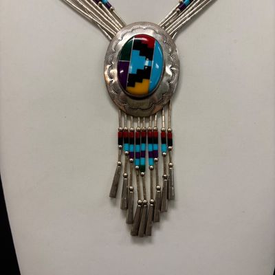 LOT 83: Multi-Strand Liquid Silver Beaded Necklace Featuring a Natural Gemstone Inlay Pendant 27.2gtw