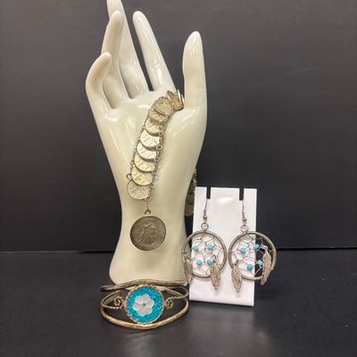 LOT 75: Alpaca Mexico Silver Inlaid Floral Cuff Bracelet, Coin Bracelet along with Dream Catcher Silvertone Earrings