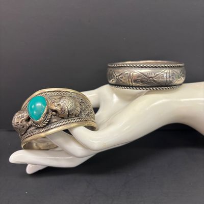 LOT 45: Silver-Tone Tribal Cuff with Teardrop Faux Turquoise & Silver-Tone Engraved Cuff