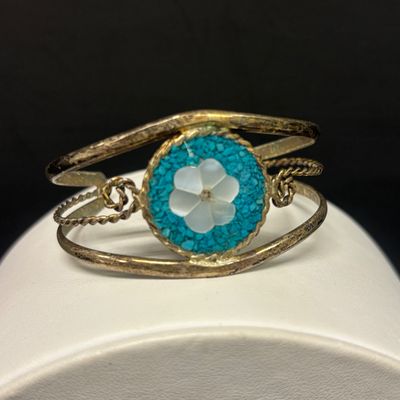 LOT 75: Alpaca Mexico Silver Inlaid Floral Cuff Bracelet, Coin Bracelet along with Dream Catcher Silvertone Earrings