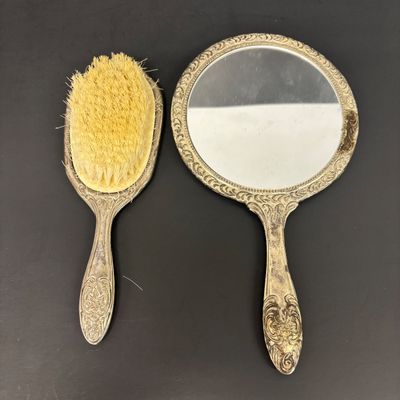 LOT 35: Antique Figural Pug Pounce Pot/Shaker, 10k GF Eyeglasses, Heart Shaped Toothpick Holder, Ornate Floral Handheld Mirror &...