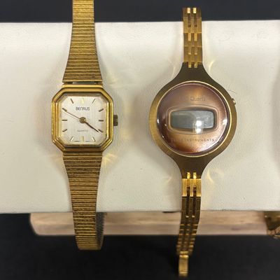 LOT 76: Collection of 3 Gold Tone Watches: Texas Instruments, Benrus & Seiko
