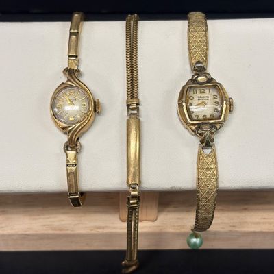 LOT 77: Vintage Elgin Watch w/10K.R.G.P. Bezel, 1/20 12kGF Bracelet & Gruen Watch w/10K.R.G.P. Bezel