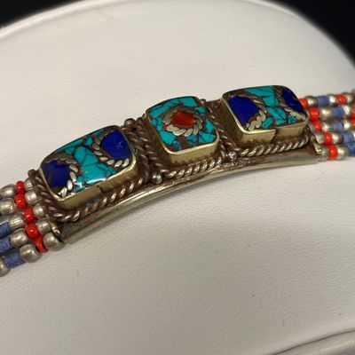 LOT 43: Silver-Tone Statement Necklace with Lapis and Turquoise-Tone Stones & Silver-Tone Bracelet with Artisan Inlaid Stones