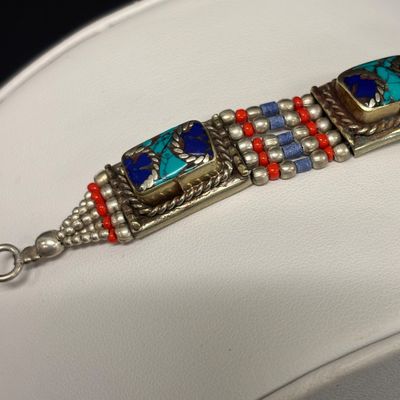 LOT 43: Silver-Tone Statement Necklace with Lapis and Turquoise-Tone Stones & Silver-Tone Bracelet with Artisan Inlaid Stones