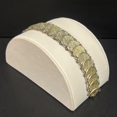 LOT 75: Alpaca Mexico Silver Inlaid Floral Cuff Bracelet, Coin Bracelet along with Dream Catcher Silvertone Earrings