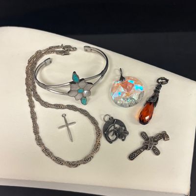 LOT 67: Acid Tested Marcasite Cross - 925 - 3.2gtw, Silver Tone Pendant, Mother of Pearl & Turquoise Cuff Bracelet, Silvertone...
