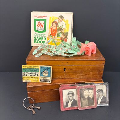 LOT 42: Vintage Quick Saver Books of Green Stamps, Photomatic Photo Booth Photos, Small Pink Plastic Bobble Head Elephant & More