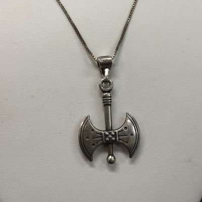 LOT 108: Sterling 925 Minoan-Style Double Headed Axe Pendant and Chain 7.47g