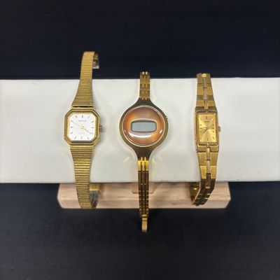 LOT 76: Collection of 3 Gold Tone Watches: Texas Instruments, Benrus & Seiko