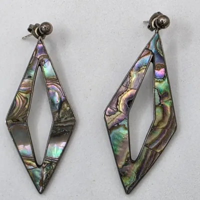 LOT 55: Two Pairs of Vintage Sterling Silver Earrings (13.6gtw) and an Aztec Panel Bracelet with Inlaid Abalone