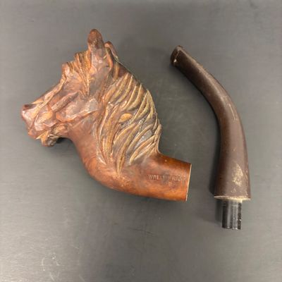 LOT 33: Wally Frank LTD Carved Wood Horse Head Pipe with Scottish Terrier Metal Pipe Holder & Silent Butler