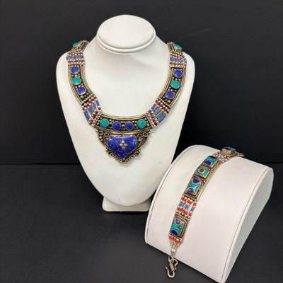 LOT 43: Silver-Tone Statement Necklace with Lapis and Turquoise-Tone Stones & Silver-Tone Bracelet with Artisan Inlaid Stones