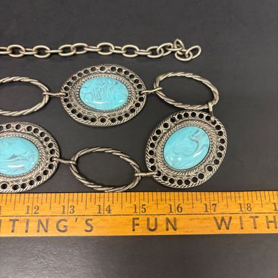 LOT 74: Vintage Style Concho Chain Turquoise Colored Stones, Silvertone Turquoise Earrings, Cuff Bracelets, Statement Bib Necklace...