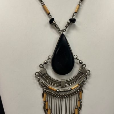 LOT 71: Silver-Tone Porcupine Quill Artisan Necklace with Costume Earrings