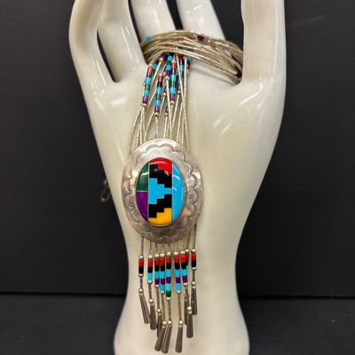 LOT 83: Multi-Strand Liquid Silver Beaded Necklace Featuring a Natural Gemstone Inlay Pendant 27.2gtw