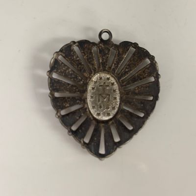 LOT 66: Sterling Miraculous Medal on Mother of Pearl Heart Pendant 7.6gtw (Silver-Tone Chain) with Sterling and Marcasite Miraculous...