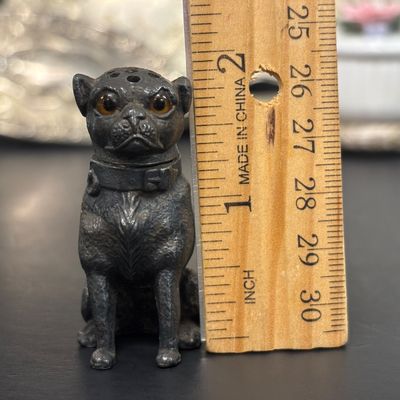 LOT 35: Antique Figural Pug Pounce Pot/Shaker, 10k GF Eyeglasses, Heart Shaped Toothpick Holder, Ornate Floral Handheld Mirror &...