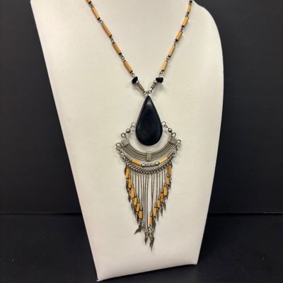LOT 71: Silver-Tone Porcupine Quill Artisan Necklace with Costume Earrings