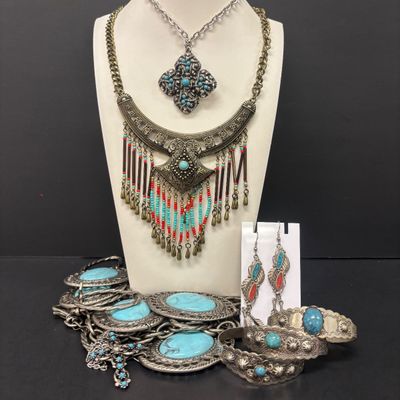 LOT 74: Vintage Style Concho Chain Turquoise Colored Stones, Silvertone Turquoise Earrings, Cuff Bracelets, Statement Bib Necklace...