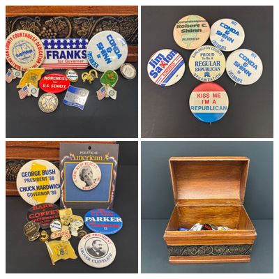 LOT 34: Collection of Vintage Political Pins with Wood Box