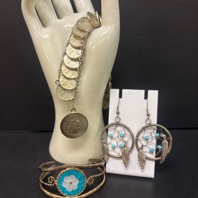 LOT 75: Alpaca Mexico Silver Inlaid Floral Cuff Bracelet, Coin Bracelet along with Dream Catcher Silvertone Earrings