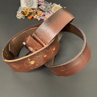 LOT 37: Tony Laina Leather Belt Buckle, USA-Themed Pins, US Mint Independence Hall Coins & More