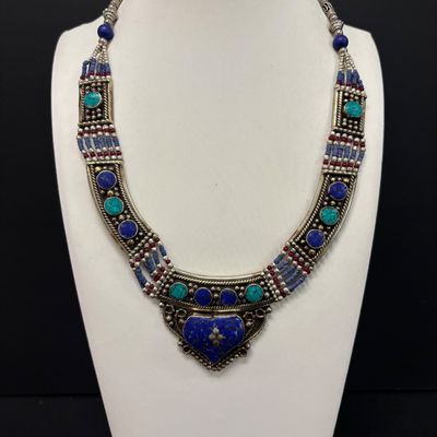 LOT 43: Silver-Tone Statement Necklace with Lapis and Turquoise-Tone Stones & Silver-Tone Bracelet with Artisan Inlaid Stones