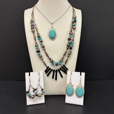 LOT 44: Silver-Tone Double-Strand Beaded Necklace with Matching Earrings & Silver-Tone Necklace and Earrings with Large...