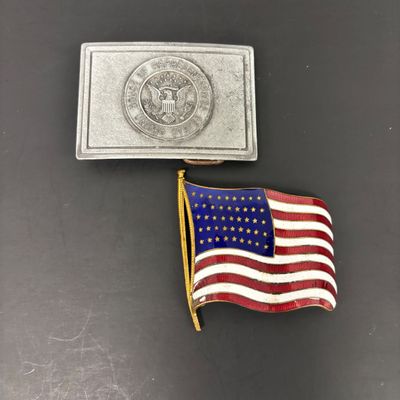 LOT 37: Tony Laina Leather Belt Buckle, USA-Themed Pins, US Mint Independence Hall Coins & More