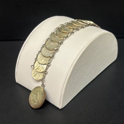 LOT 75: Alpaca Mexico Silver Inlaid Floral Cuff Bracelet, Coin Bracelet along with Dream Catcher Silvertone Earrings