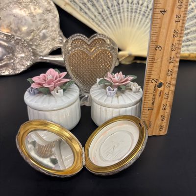 LOT 35: Antique Figural Pug Pounce Pot/Shaker, 10k GF Eyeglasses, Heart Shaped Toothpick Holder, Ornate Floral Handheld Mirror &...