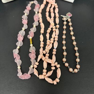 LOT 81: Beautiful Statement Cut Shell Necklace, Amethyst Color Stone Necklace, Pink & Green Jade Color Stone Necklace, Pearl Set,...