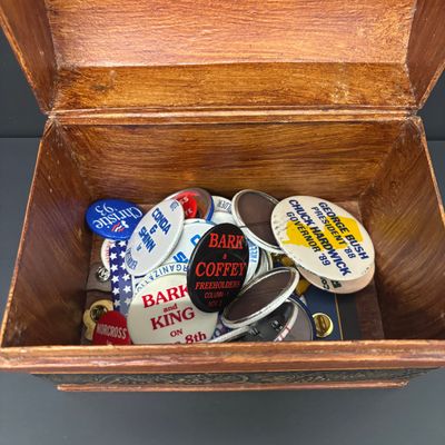 LOT 34: Collection of Vintage Political Pins with Wood Box