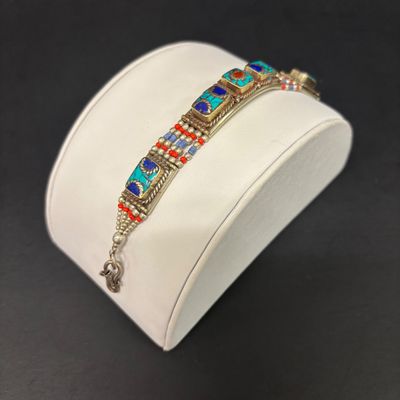 LOT 43: Silver-Tone Statement Necklace with Lapis and Turquoise-Tone Stones & Silver-Tone Bracelet with Artisan Inlaid Stones