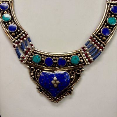 LOT 43: Silver-Tone Statement Necklace with Lapis and Turquoise-Tone Stones & Silver-Tone Bracelet with Artisan Inlaid Stones