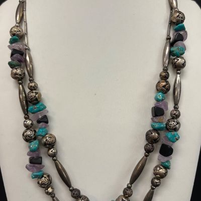 LOT 44: Silver-Tone Double-Strand Beaded Necklace with Matching Earrings & Silver-Tone Necklace and Earrings with Large...