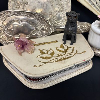 LOT 35: Antique Figural Pug Pounce Pot/Shaker, 10k GF Eyeglasses, Heart Shaped Toothpick Holder, Ornate Floral Handheld Mirror &...