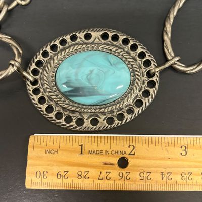 LOT 74: Vintage Style Concho Chain Turquoise Colored Stones, Silvertone Turquoise Earrings, Cuff Bracelets, Statement Bib Necklace...