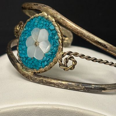 LOT 75: Alpaca Mexico Silver Inlaid Floral Cuff Bracelet, Coin Bracelet along with Dream Catcher Silvertone Earrings