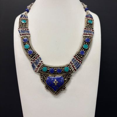 LOT 43: Silver-Tone Statement Necklace with Lapis and Turquoise-Tone Stones & Silver-Tone Bracelet with Artisan Inlaid Stones