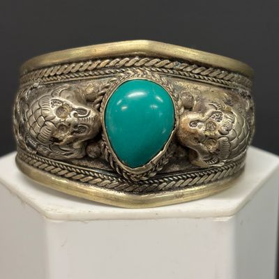 LOT 45: Silver-Tone Tribal Cuff with Teardrop Faux Turquoise & Silver-Tone Engraved Cuff