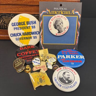 LOT 34: Collection of Vintage Political Pins with Wood Box
