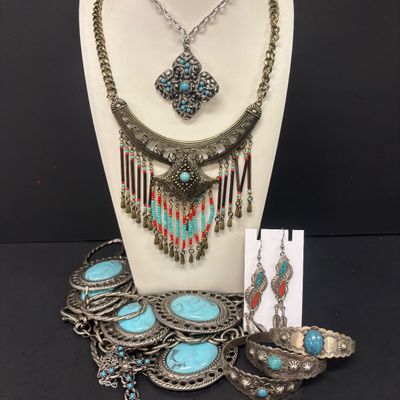 LOT 74: Vintage Style Concho Chain Turquoise Colored Stones, Silvertone Turquoise Earrings, Cuff Bracelets, Statement Bib Necklace...