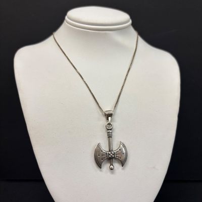 LOT 108: Sterling 925 Minoan-Style Double Headed Axe Pendant and Chain 7.47g