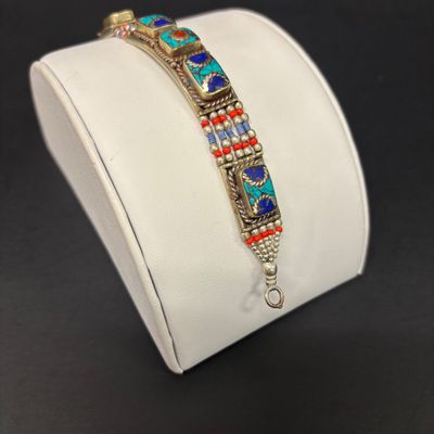 LOT 43: Silver-Tone Statement Necklace with Lapis and Turquoise-Tone Stones & Silver-Tone Bracelet with Artisan Inlaid Stones