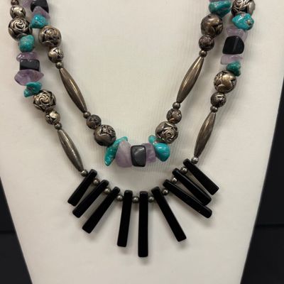 LOT 44: Silver-Tone Double-Strand Beaded Necklace with Matching Earrings & Silver-Tone Necklace and Earrings with Large...