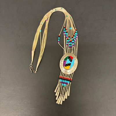 LOT 83: Multi-Strand Liquid Silver Beaded Necklace Featuring a Natural Gemstone Inlay Pendant 27.2gtw