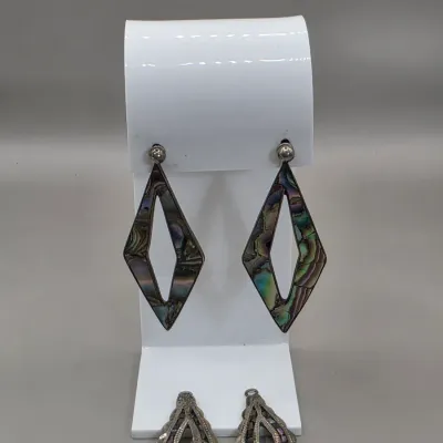 LOT 55: Two Pairs of Vintage Sterling Silver Earrings (13.6gtw) and an Aztec Panel Bracelet with Inlaid Abalone