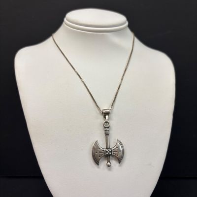 LOT 108: Sterling 925 Minoan-Style Double Headed Axe Pendant and Chain 7.47g